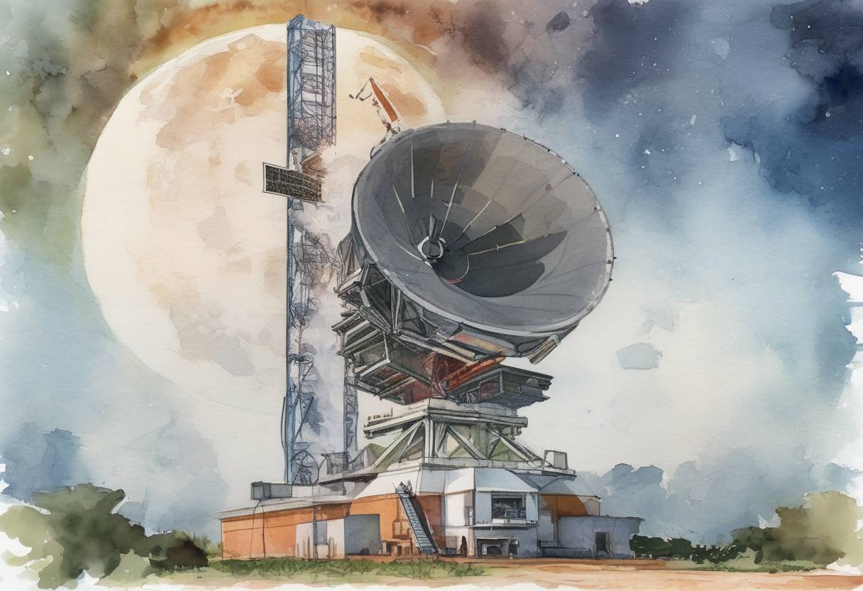 Watercolor painting based depiction of The Indian Space Research Organisation (ISRO) launches RISAT-2B, an advanced radar imaging satellite, to enhance India's surveillance capabilities. (2019)