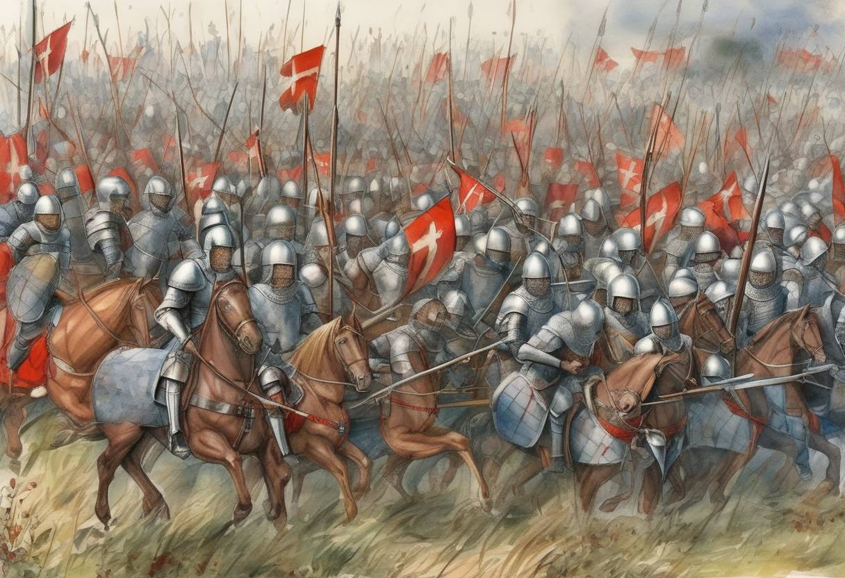 Watercolor painting based depiction of The Battle of Agincourt took place, a major English victory in the Hundred Years' War against France. King Henry V's forces, though heavily outnumbered, defeated the French army, largely due to the effective use of the English longbow. (1415)