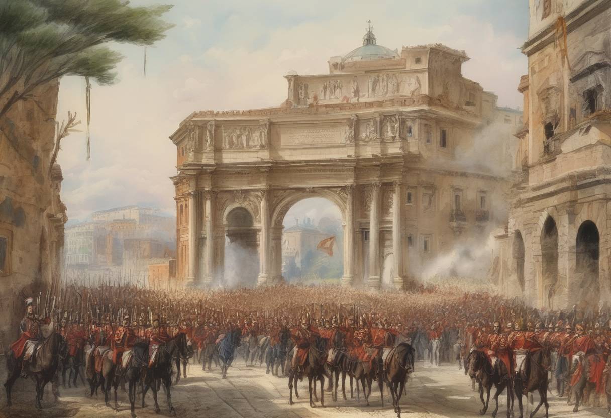 Watercolor painting based depiction of Italian troops entered Rome, completing the unification of Italy and marking the end of the Papal States. (1870)