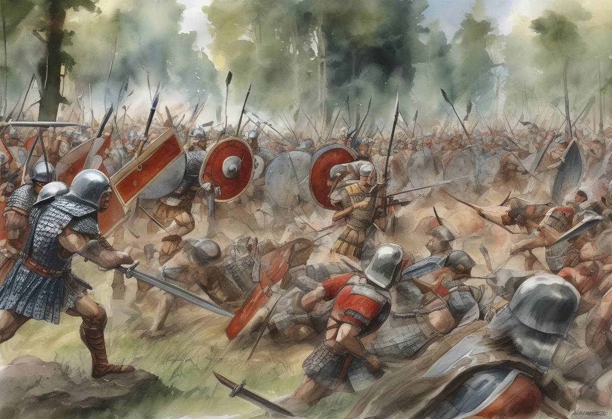 Watercolor painting based depiction of The Battle of the Teutoburg Forest concluded, where an alliance of Germanic tribes ambushed and decisively destroyed three Roman legions and their auxiliaries, led by Publius Quinctilius Varus. This battle marked a significant turning point in Roman expansion into Germania. (9)
