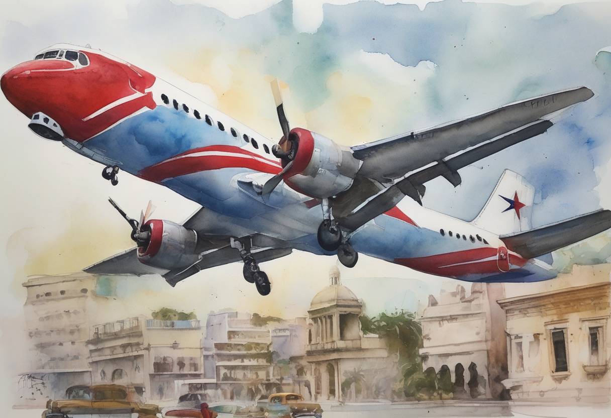 Watercolor painting based depiction of The first commercial flight from the United States to Cuba in over 50 years lands in Havana, marking a significant step in the thawing of U.S.-Cuba relations. (2016)