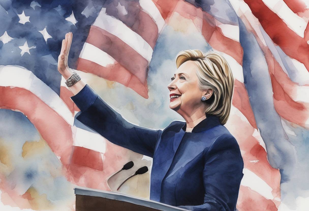 Watercolor painting based depiction of Hillary Clinton secures enough delegates to become the presumptive Democratic nominee for the 2016 U.S. presidential election, becoming the first woman to lead a major party's ticket. (2016)