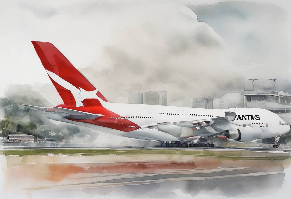 Watercolor painting based depiction of A Qantas Airbus A380 made an emergency landing in Singapore after an engine failure, marking the first major incident for the A380 model. (2010)