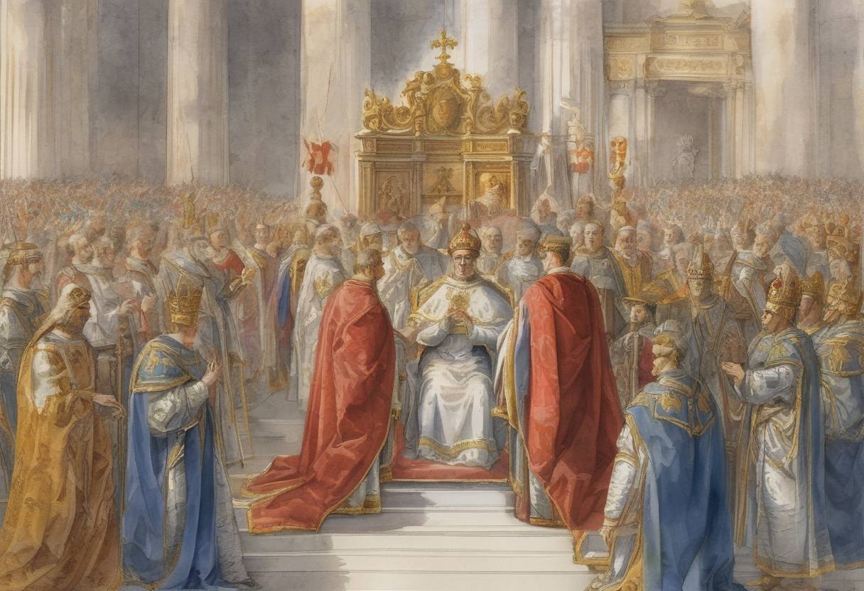 Watercolor painting based depiction of Otto I is crowned Holy Roman Emperor by Pope John XII, marking the beginning of the Holy Roman Empire. Otto's coronation established the precedent of the emperor being crowned by the pope, symbolizing the alliance between the papacy and the German monarchy. (962)