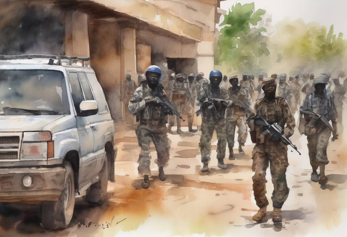 Watercolor painting based depiction of Mali hotel attack: Gunmen take 170 hostages at the Radisson Blu hotel in Bamako, Mali. (2015)
