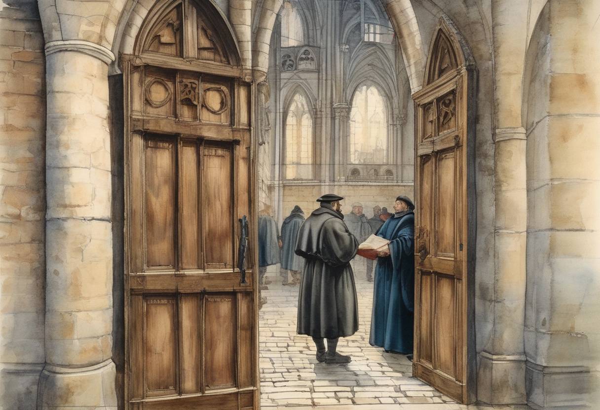 Watercolor painting based depiction of Martin Luther posts his 95 Theses on the door of the Wittenberg Castle Church, marking the beginning of the Protestant Reformation. (1517)