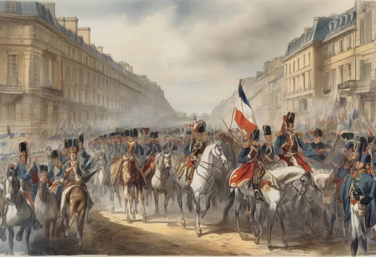Watercolor painting based depiction of The forces of the Sixth Coalition entered Paris after defeating Napoleon's army, leading to his abdication and the restoration of the Bourbon monarchy. (1814)