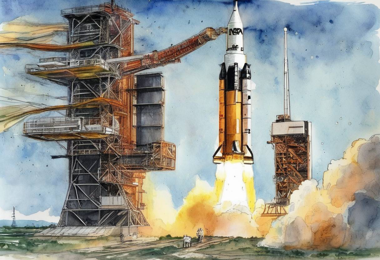 Watercolor painting based depiction of NASA launches Apollo 12, the second crewed mission to the Moon, from Kennedy Space Center. (1969)