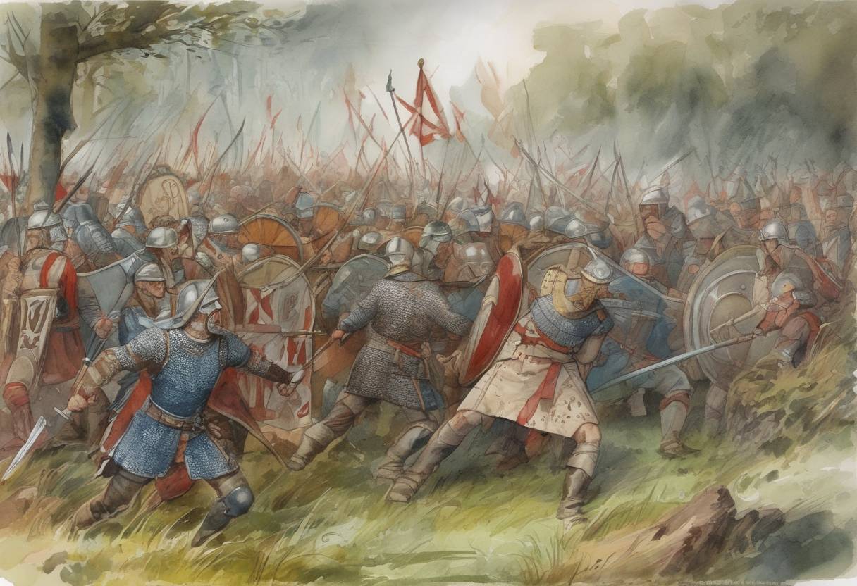 Watercolor painting based depiction of The Battle of Tettenhall occurs, where an alliance of Mercian and West Saxon forces defeat a Viking army. (910)