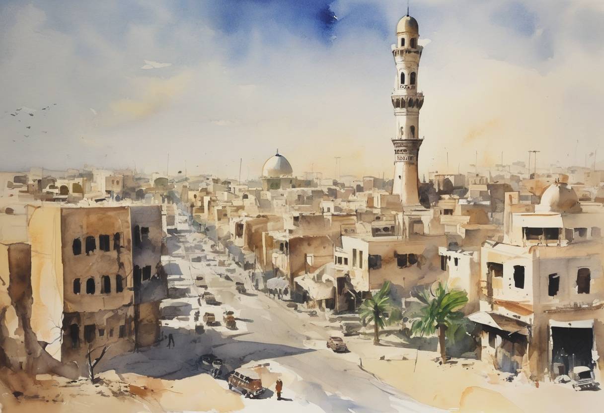 Watercolor painting based depiction of Libya gained independence from Italy, becoming the United Kingdom of Libya under King Idris. This marked the first time Libya was united as a single independent country. (1951)