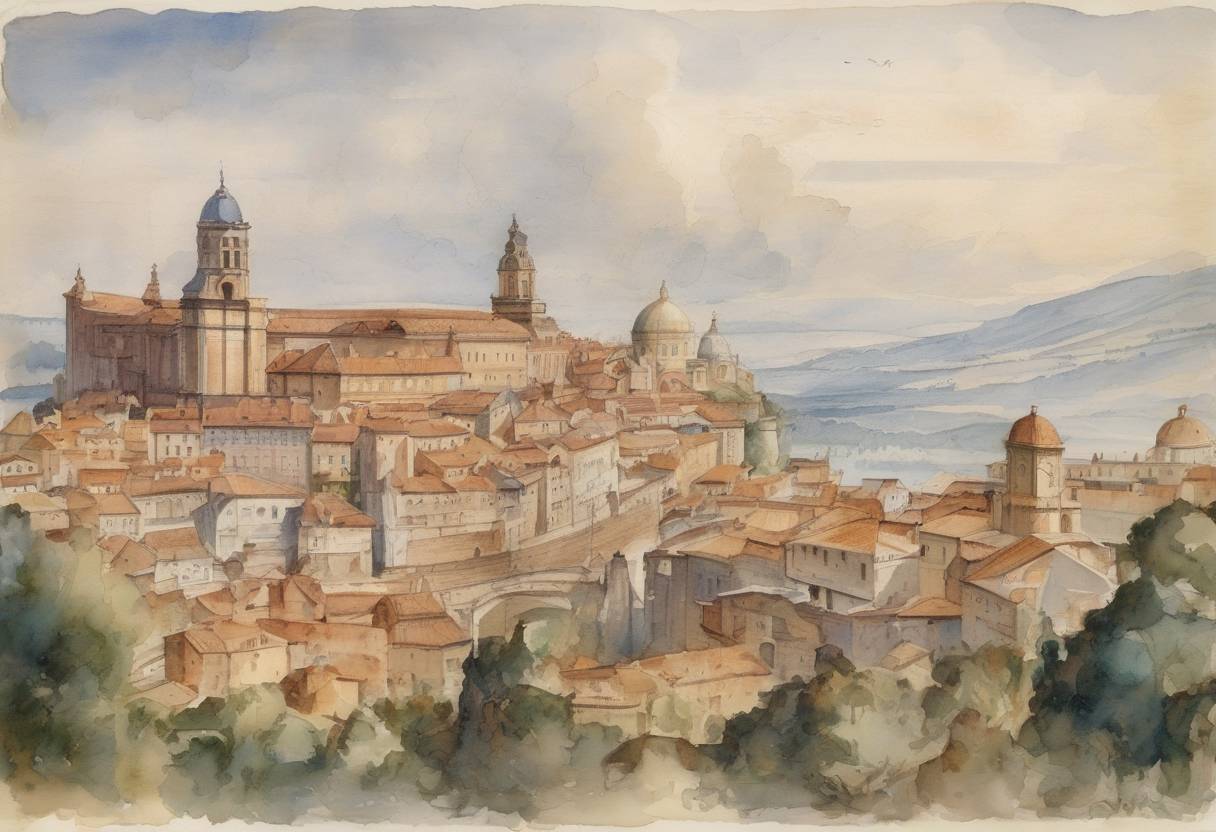 Watercolor painting based depiction of Due to the implementation of the Gregorian calendar, this date did not exist in Italy, Poland, Portugal, and Spain. The day after October 4, 1582, was October 15, 1582, as the calendar was adjusted to correct the drift of the Julian calendar. (1582)