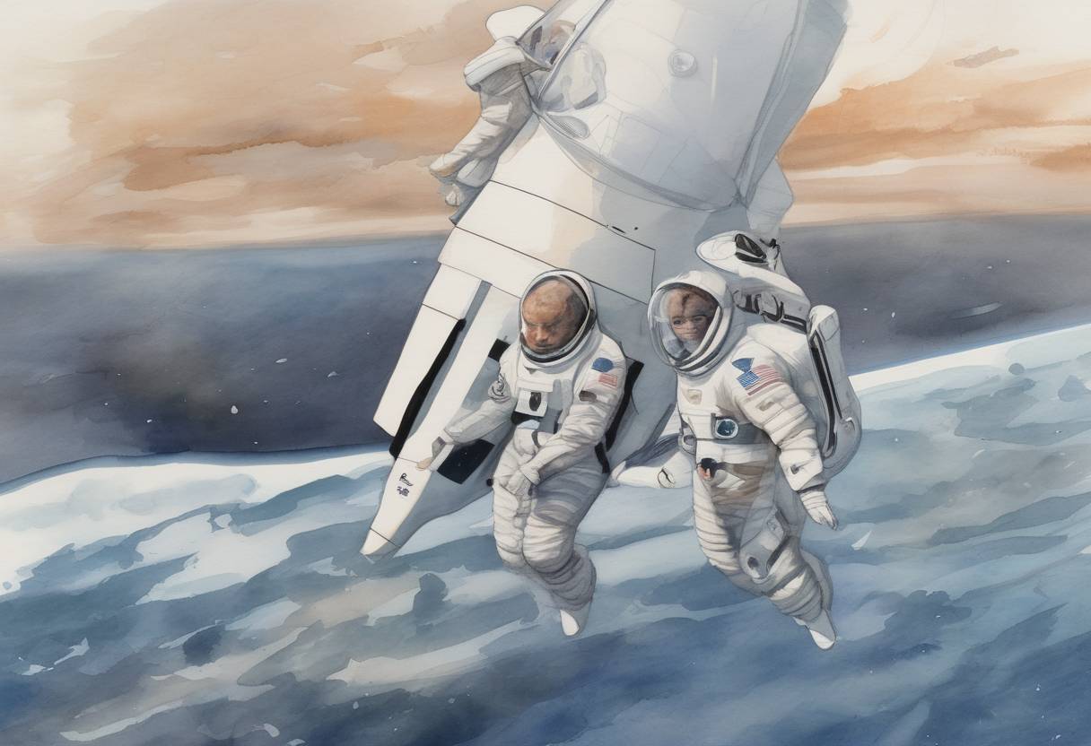 Watercolor painting based depiction of NASA astronauts Doug Hurley and Bob Behnken return to Earth aboard SpaceX's Crew Dragon, completing the first crewed orbital spaceflight launched from the U.S. since 2011. (2020)