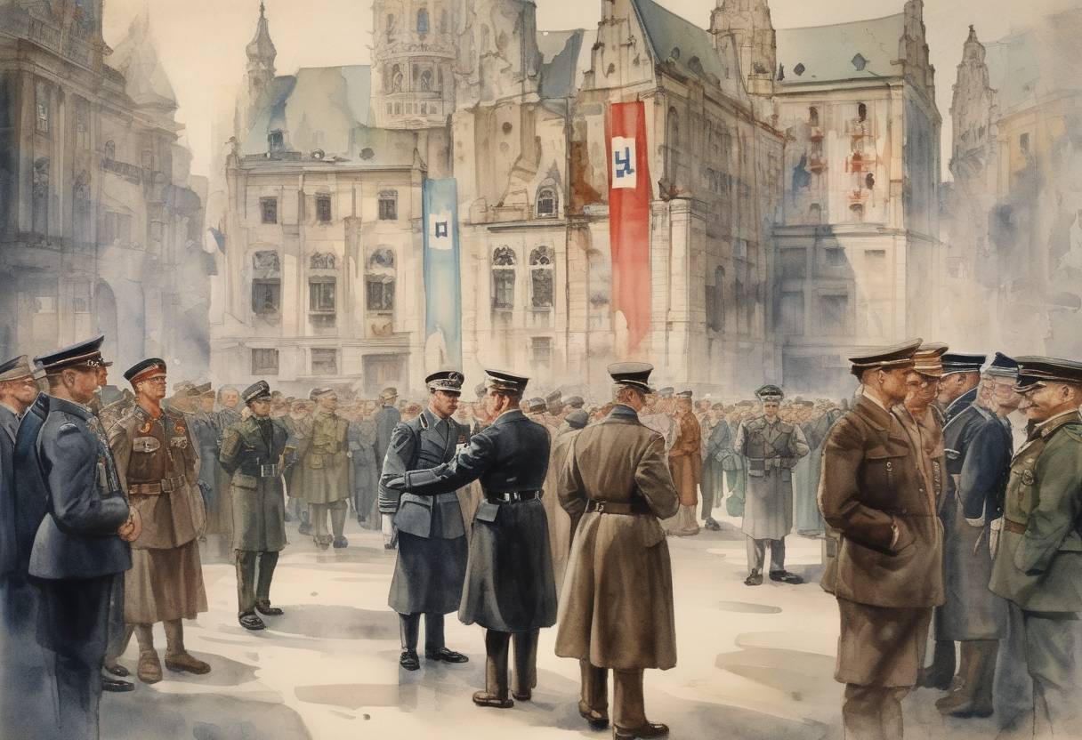 Watercolor painting based depiction of The Munich Agreement is signed by Germany, the United Kingdom, France, and Italy, allowing Nazi Germany's annexation of the Sudetenland in Czechoslovakia. (1938)
