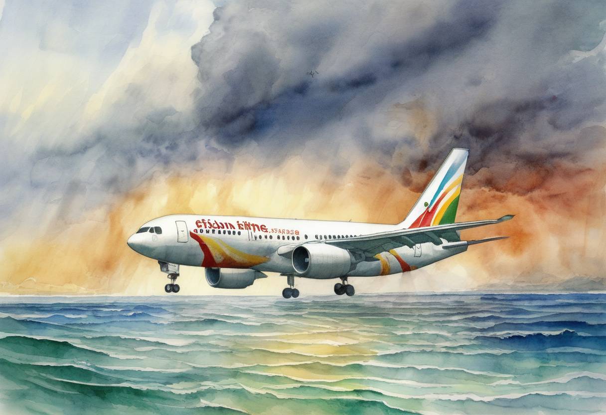 Watercolor painting based depiction of Ethiopian Airlines Flight 961 is hijacked and crashes into the Indian Ocean near the Comoros Islands after running out of fuel, resulting in 125 fatalities out of 175 passengers and crew. (1996)