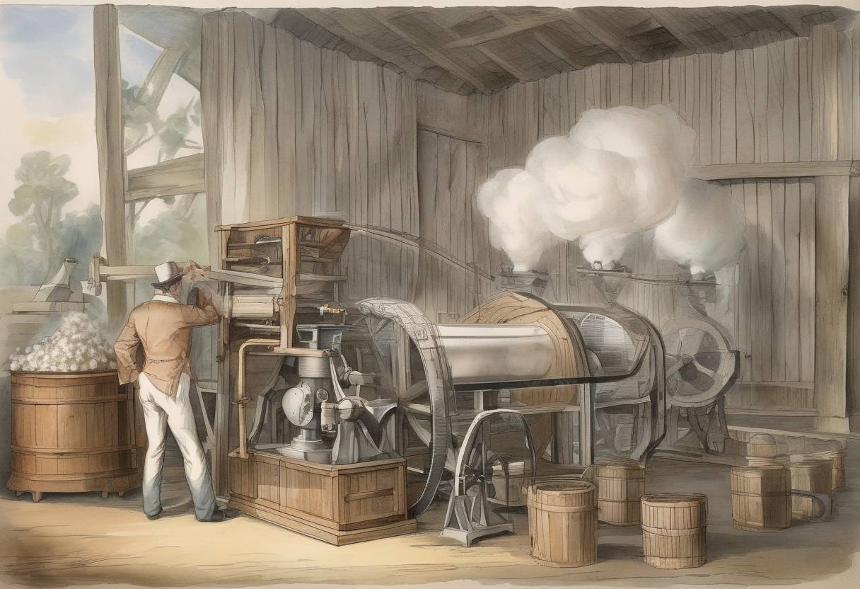 Watercolor painting based depiction of Eli Whitney is granted a patent for the cotton gin, a machine that revolutionized the cotton industry by greatly speeding up the process of removing seeds from cotton fiber. (1794)