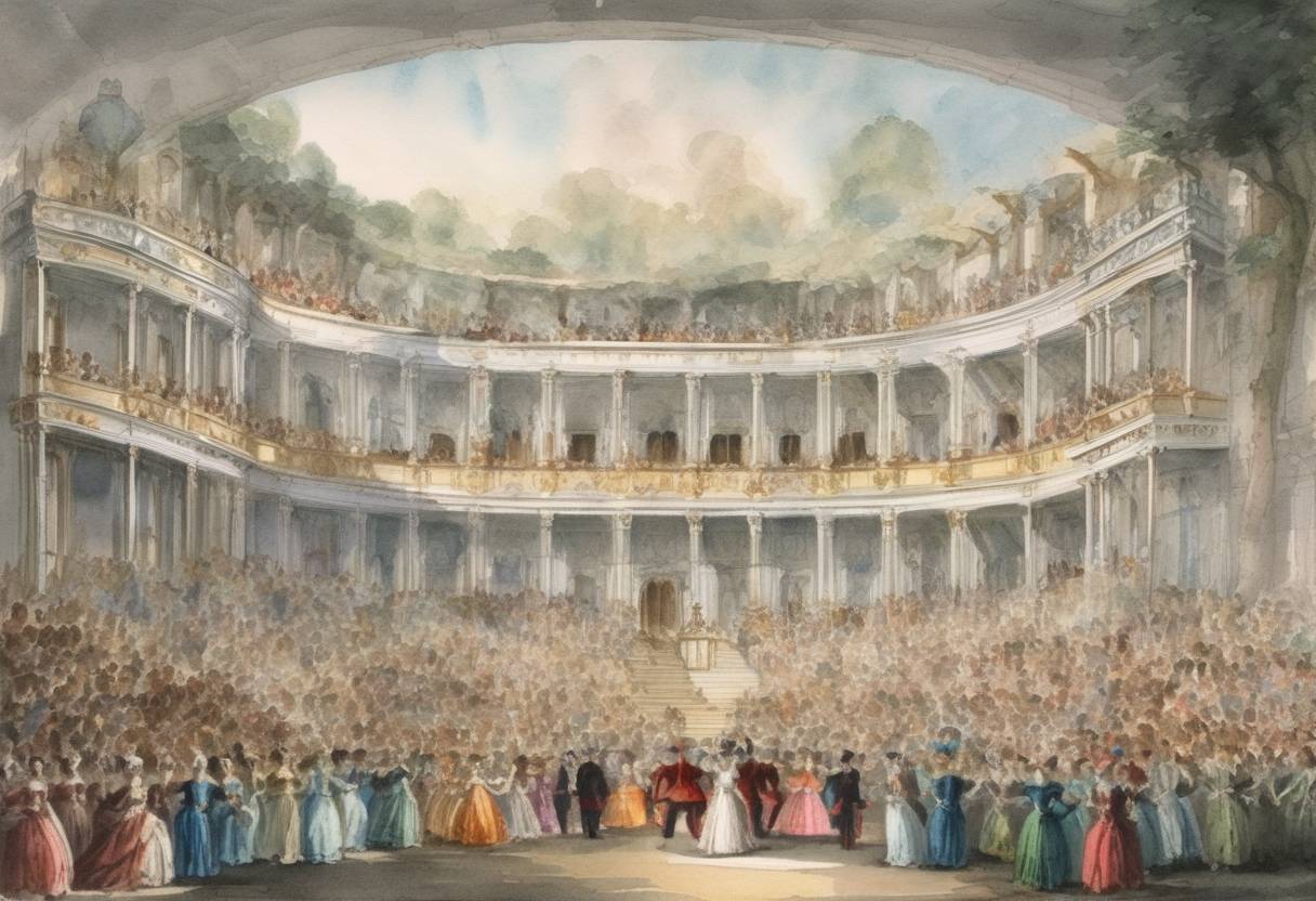 Watercolor painting based depiction of The first performance of Mozart's opera 'The Magic Flute' takes place in Vienna, Austria. (1791)