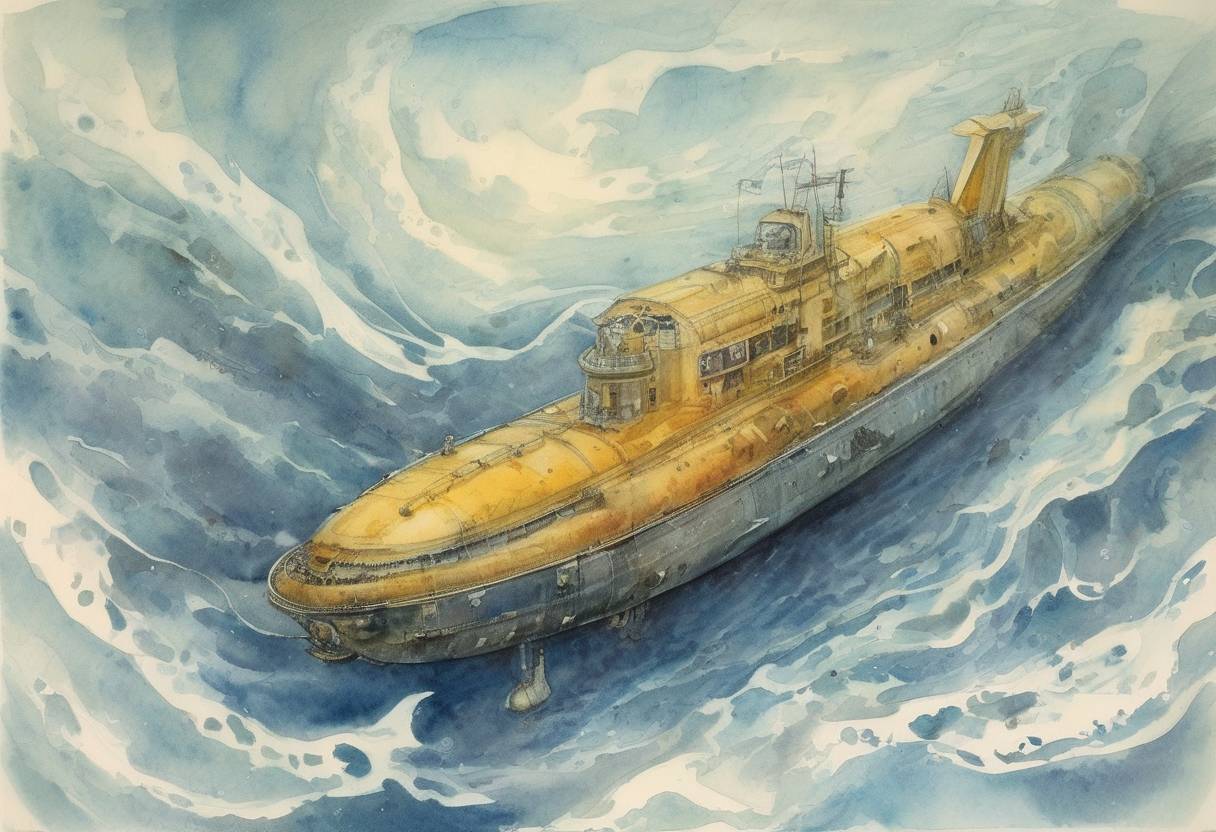 Watercolor painting based depiction of The bathyscaphe Trieste descends to the bottom of the Challenger Deep in the Mariana Trench, the deepest known point in the Earth's oceans. (1960)
