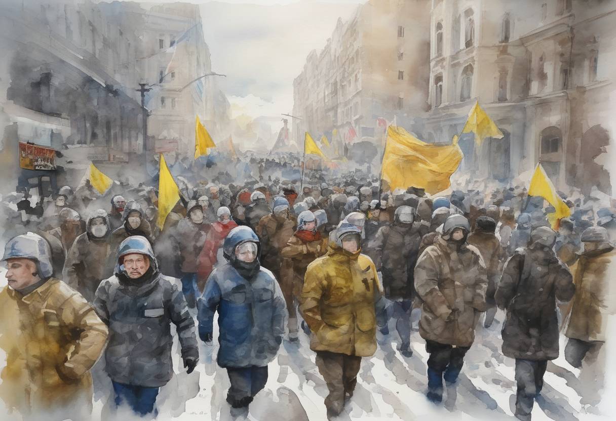 Watercolor painting based depiction of Protests erupted in Ukraine's capital, Kyiv, as part of the Euromaidan movement, demanding closer European integration and the resignation of President Viktor Yanukovych. (2013)