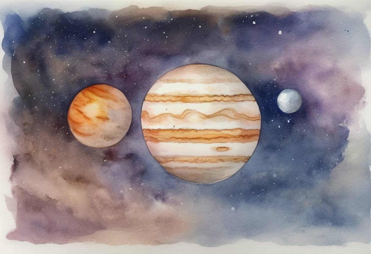 Watercolor painting based depiction of The Great Conjunction of Jupiter and Saturn occurs, where the two planets appear closest together in the sky since 1623, an event sometimes referred to as the 'Christmas Star'. (2020)