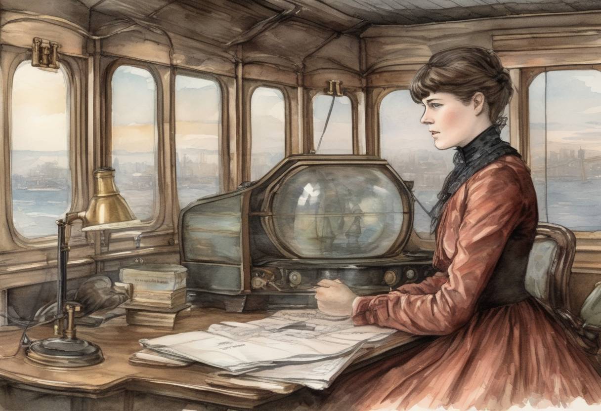 Watercolor painting based depiction of Journalist Nellie Bly begins her successful attempt to travel around the world in less than 80 days, inspired by Jules Verne's novel. (1889)