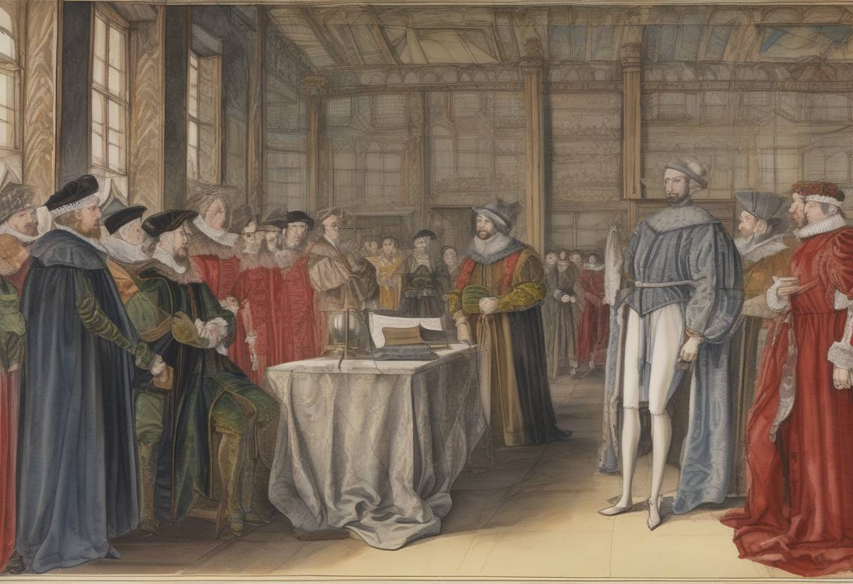 Watercolor painting based depiction of Henry Howard, Earl of Surrey, is sentenced to death for treason, marking the end of the Howard family's influence in the English court. (1547)