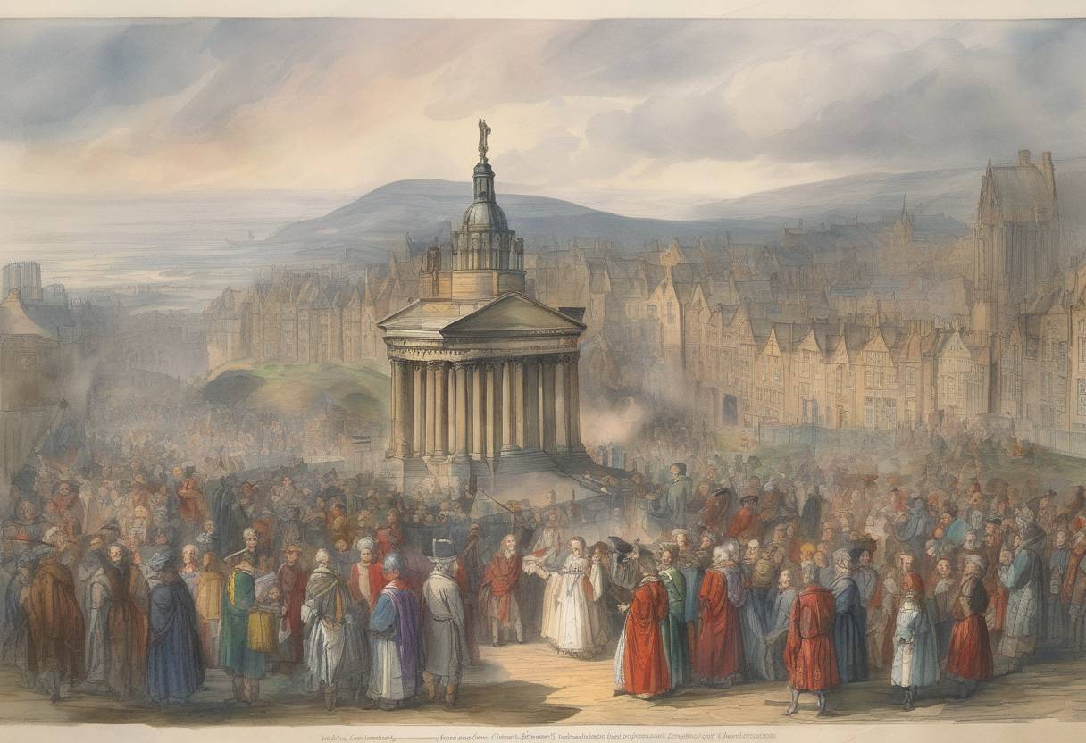 Watercolor painting based depiction of The Scottish National Covenant was signed in Edinburgh, a pivotal event in the history of Scotland, asserting Scottish Presbyterianism and resisting the imposition of Anglican practices. (1638)