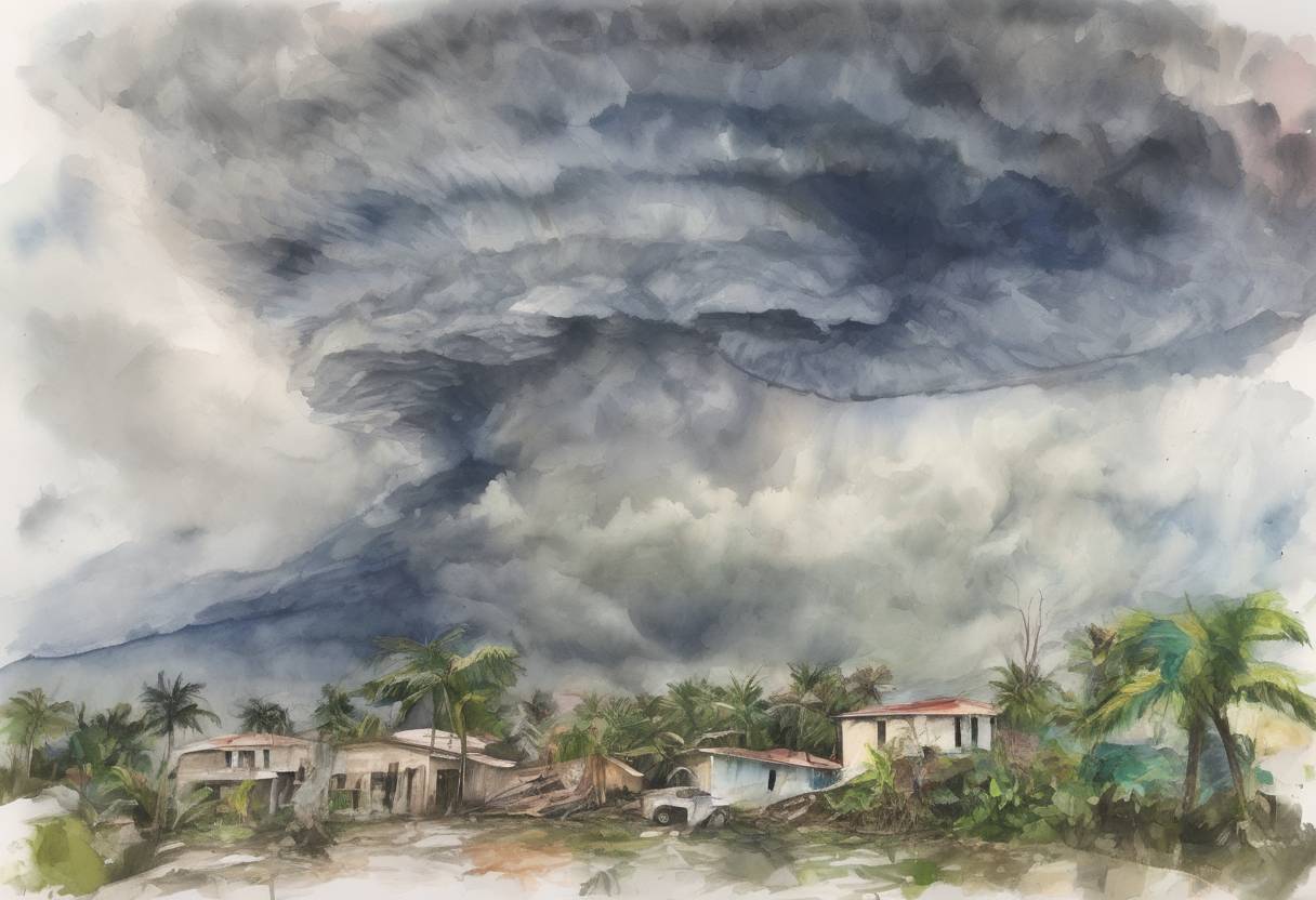 Watercolor painting based depiction of Hurricane Matthew makes landfall in Haiti as a Category 4 hurricane, causing widespread devastation and loss of life. (2016)