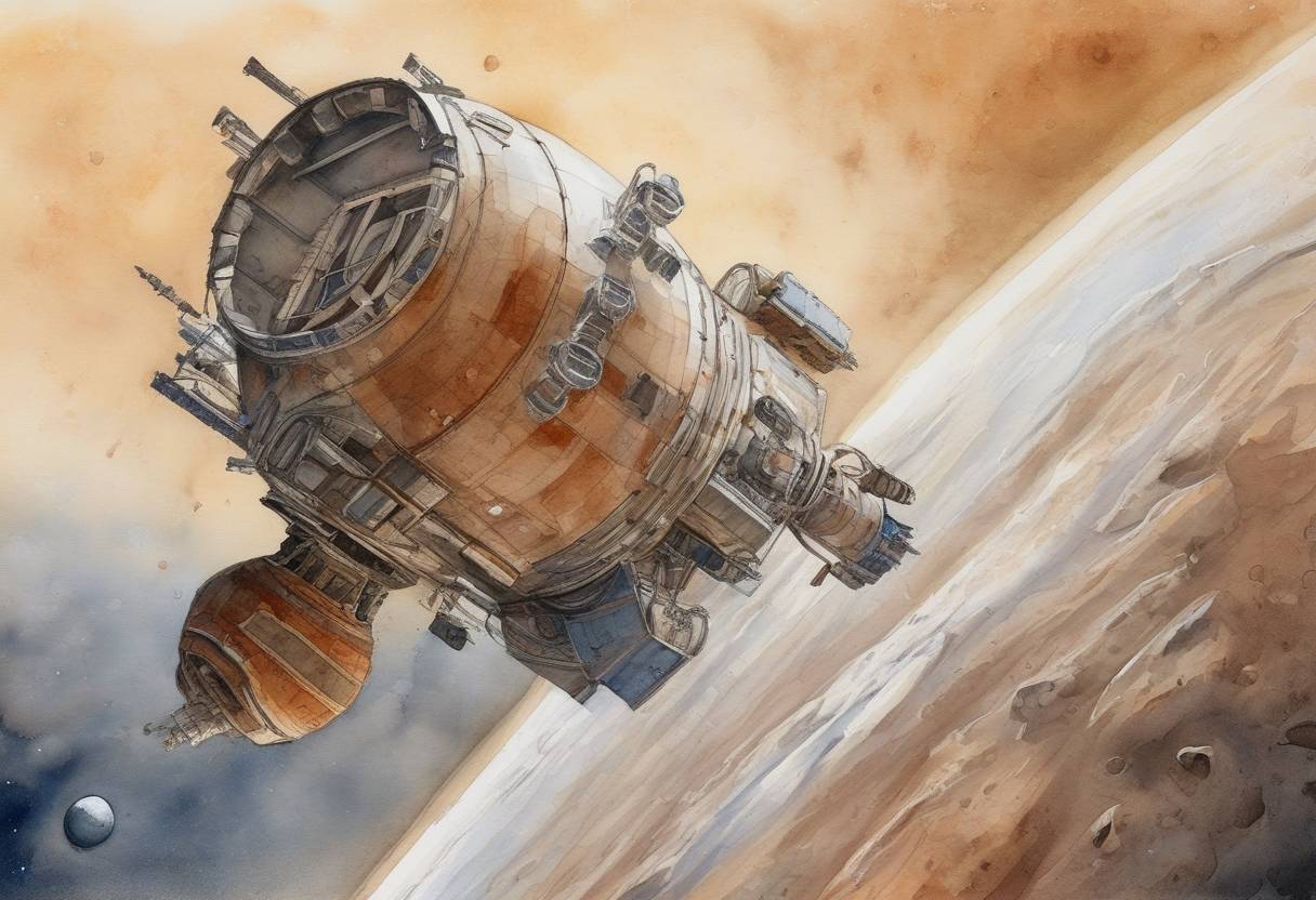 Watercolor painting based depiction of The European Space Agency and Russia's Roscosmos launched the Phobos-Grunt mission to Mars, which ultimately failed to leave Earth's orbit and was declared lost. (2011)