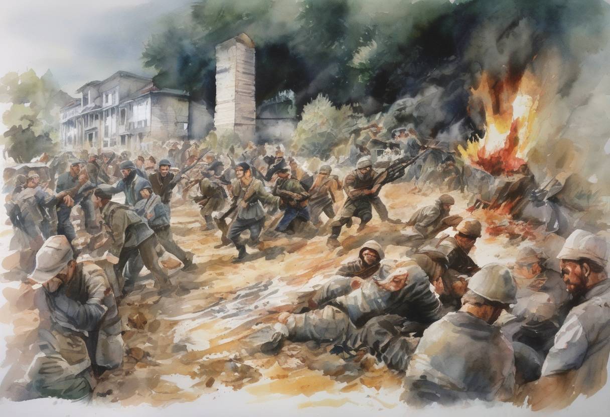 Watercolor painting based depiction of The Sukhumi massacre occurs during the Georgian-Abkhazian conflict, resulting in the deaths of hundreds of civilians. (1993)