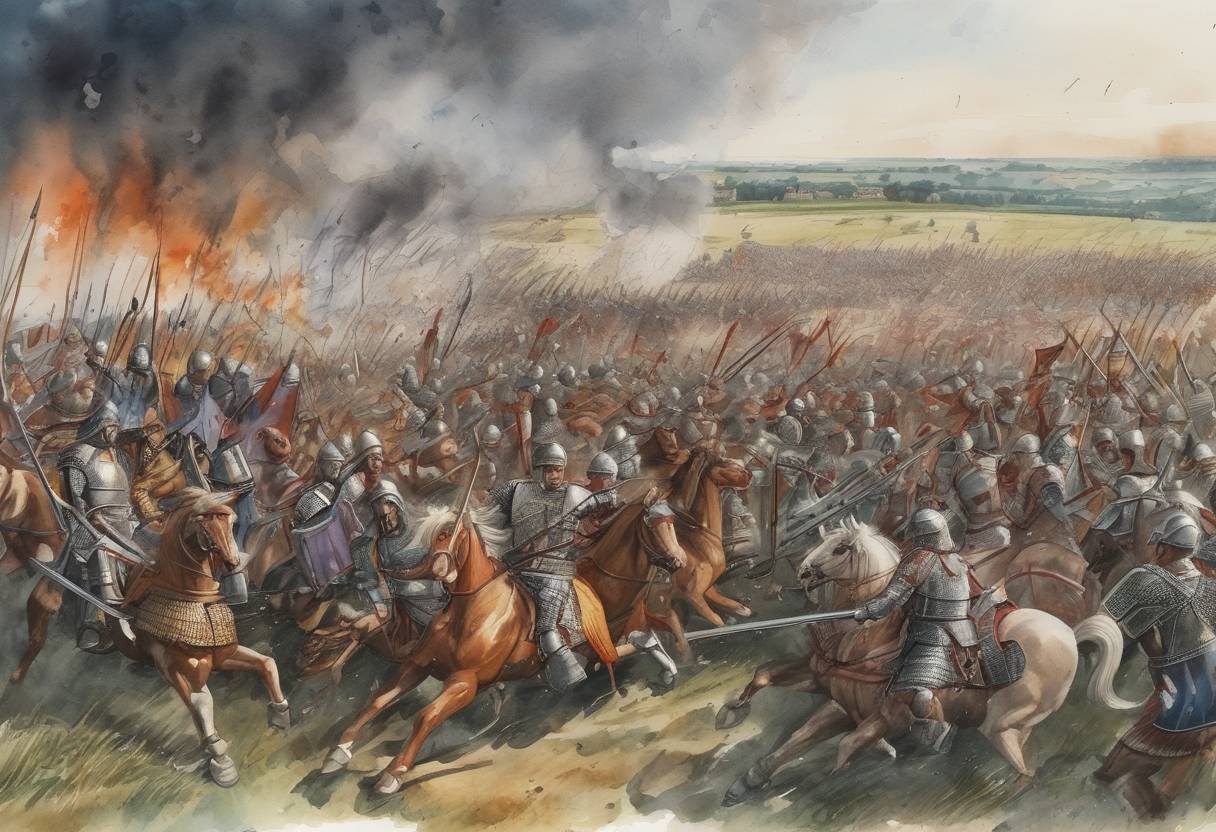 Watercolor painting based depiction of The Battle of the Catalaunian Plains, also known as the Battle of Châlons, took place between the Roman general Flavius Aetius and the Visigothic king Theodoric I against the Huns led by Attila. This battle was one of the last major military operations of the Western Roman Empire and is considered a significant event in halting the advance of the Huns into Western Europe. (451)