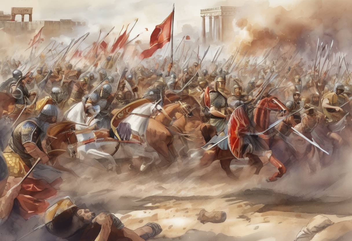 Watercolor painting based depiction of The Battle of Ad Decimum took place near Carthage, where Byzantine forces under General Belisarius defeated the Vandals led by King Gelimer, marking a significant victory in the Vandalic War. (533)