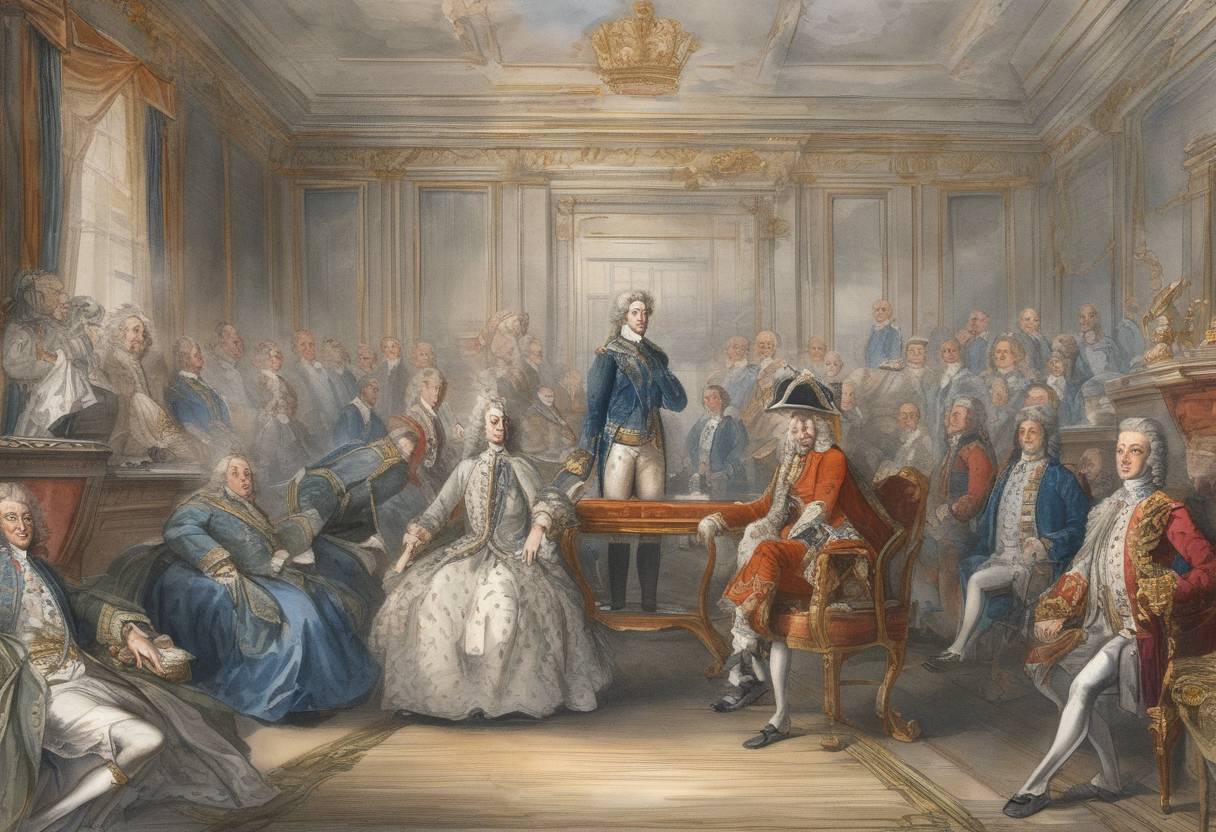 Watercolor painting based depiction of The Elector of Hanover became King George I of Great Britain, marking the beginning of the Georgian era. (1714)