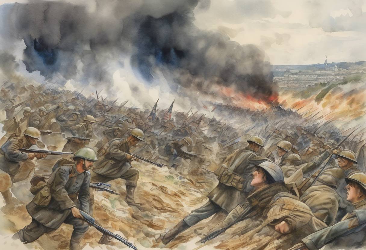 Watercolor painting based depiction of The Battle of Verdun ends in World War I with a French victory over German forces. (1916)