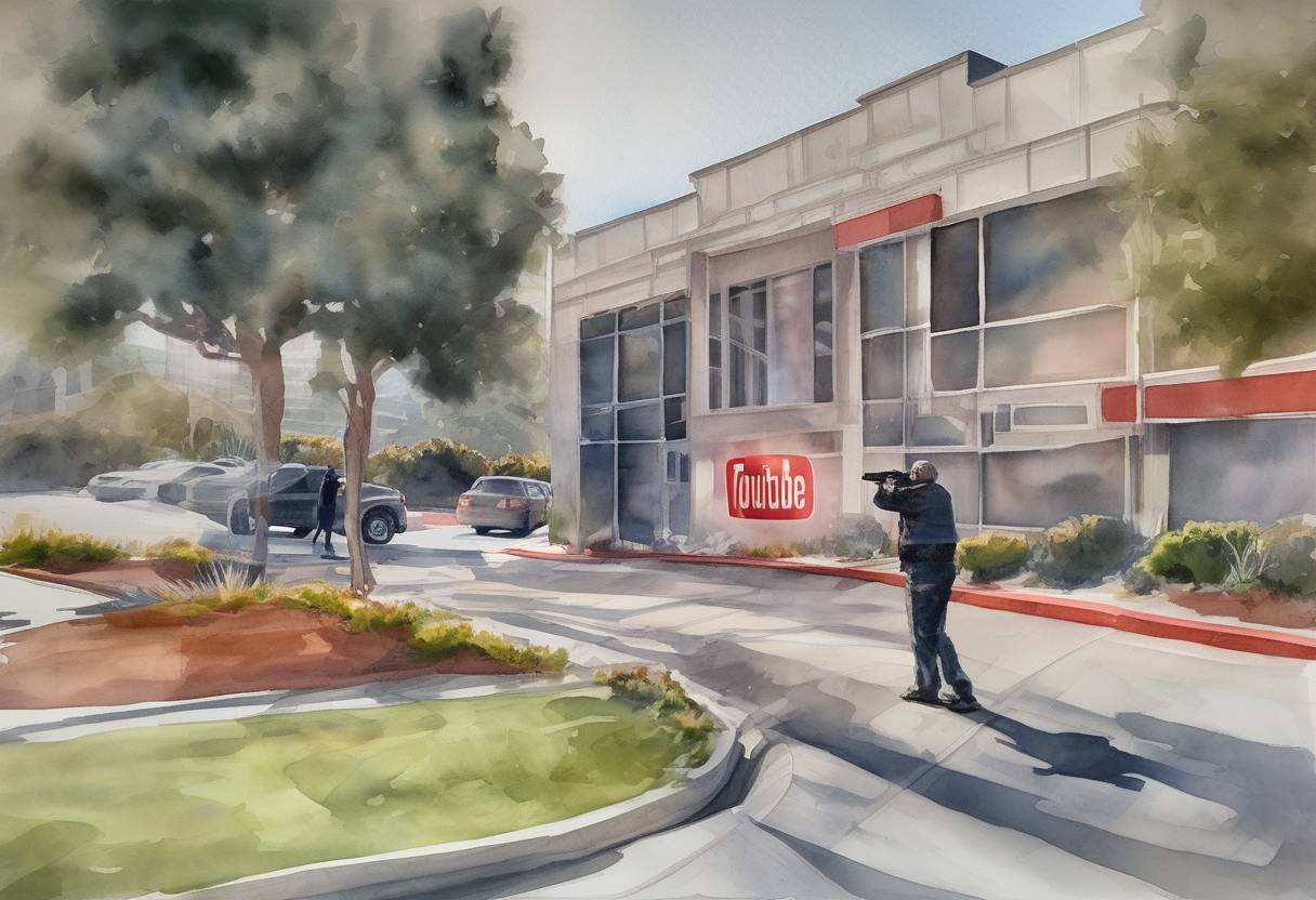 Watercolor painting based depiction of A shooting at the YouTube headquarters in San Bruno, California, USA, resulted in the injury of three people before the shooter took her own life. (2018)