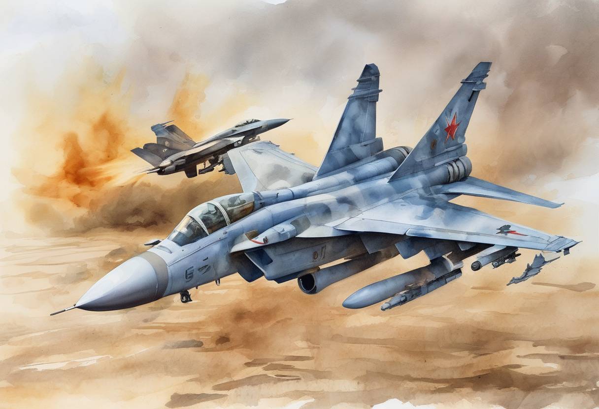 Watercolor painting based depiction of A Russian Sukhoi Su-24 fighter jet is shot down by a Turkish F-16 fighter jet near the Syria–Turkey border, escalating tensions between the two countries. (2015)