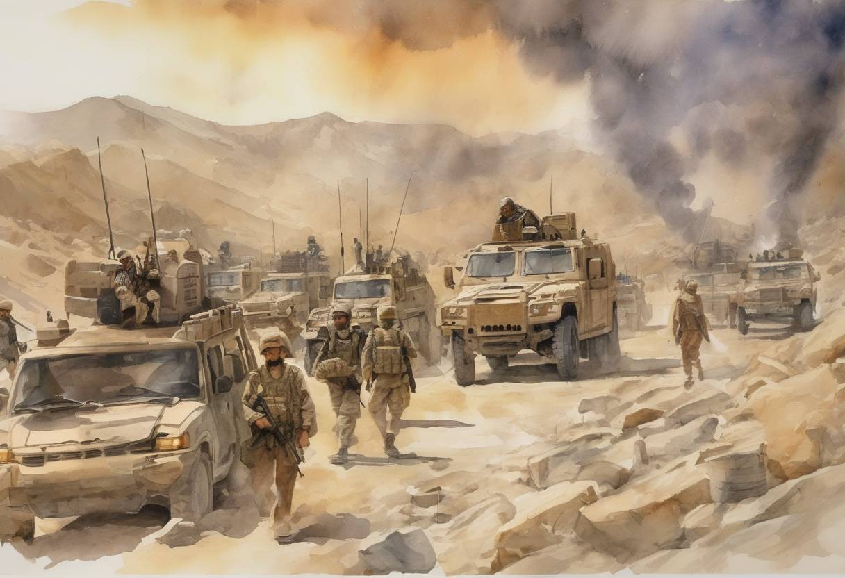 Watercolor painting based depiction of The United States and its allies began a major military offensive in Afghanistan, targeting Taliban and al-Qaeda forces as part of Operation Enduring Freedom. (2001)