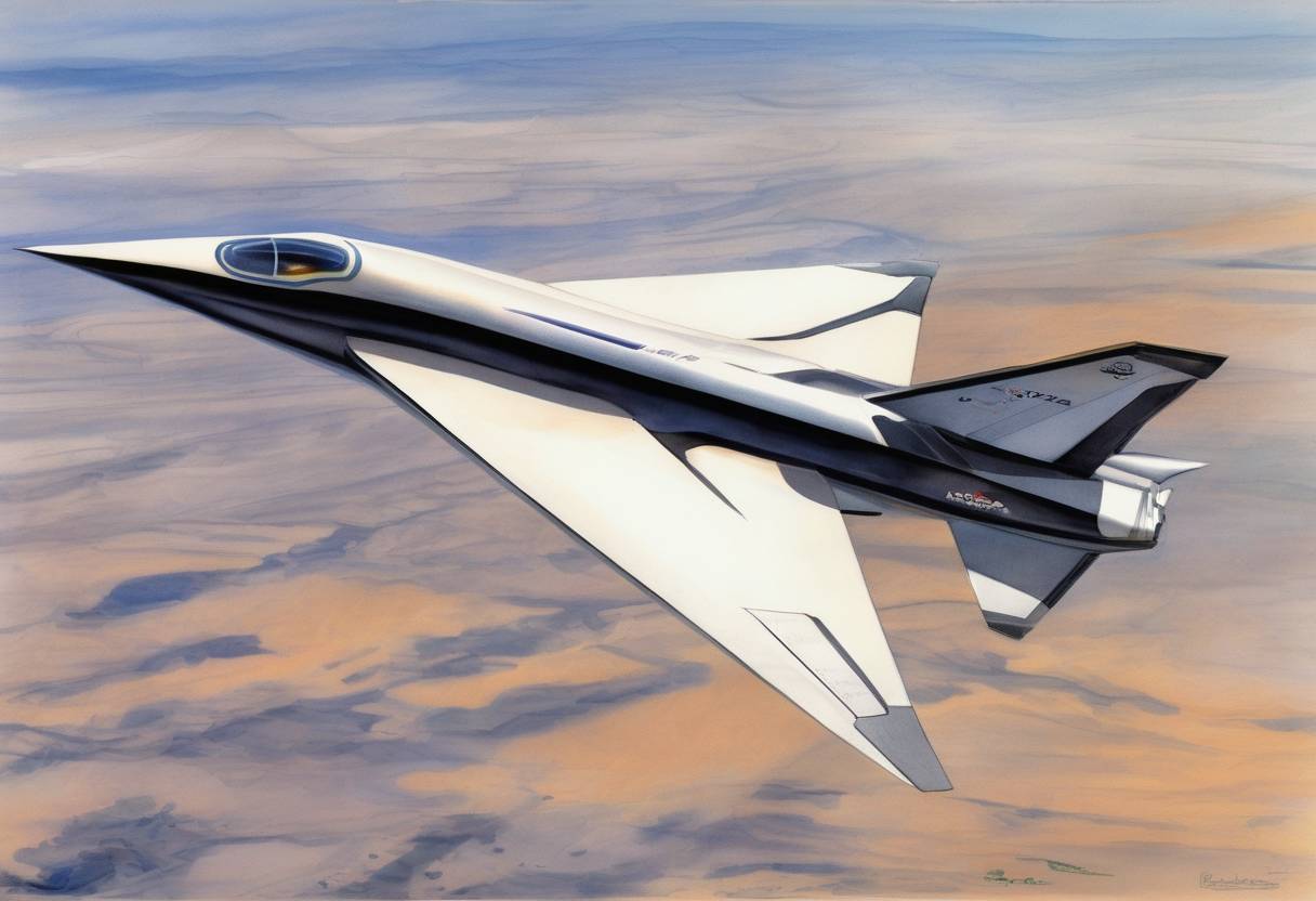 Watercolor painting based depiction of NASA's X-43A scramjet sets a new speed record for aircraft at approximately Mach 9.6. (2004)