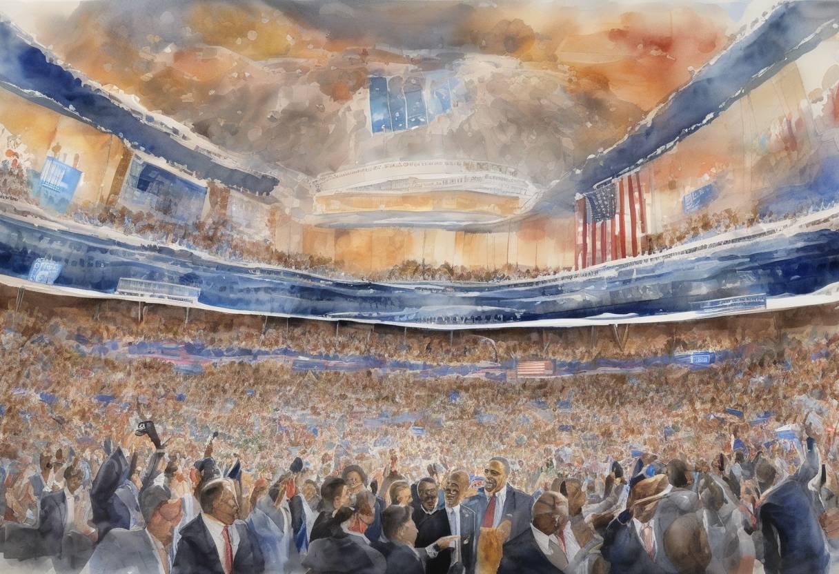 Watercolor painting based depiction of The Democratic National Convention begins in Charlotte, North Carolina, where President Barack Obama is nominated for a second term. (2012)