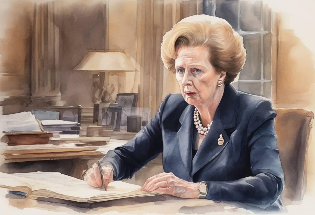 Watercolor painting based depiction of Margaret Thatcher resigns as Prime Minister of the United Kingdom, succeeded by John Major. (1990)