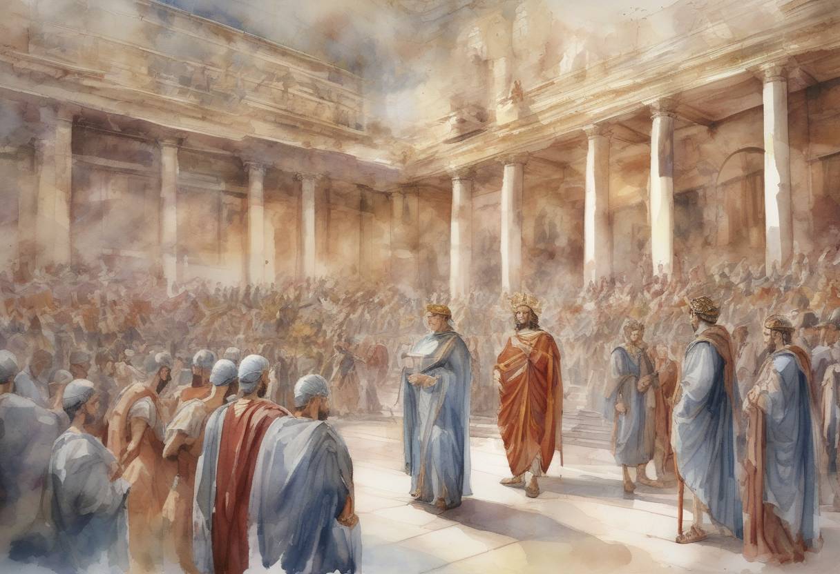 Watercolor painting based depiction of Emperor Antoninus Pius, the Roman Emperor from 138 to 161, was born. His reign was marked by peace and stability within the Roman Empire. (146)