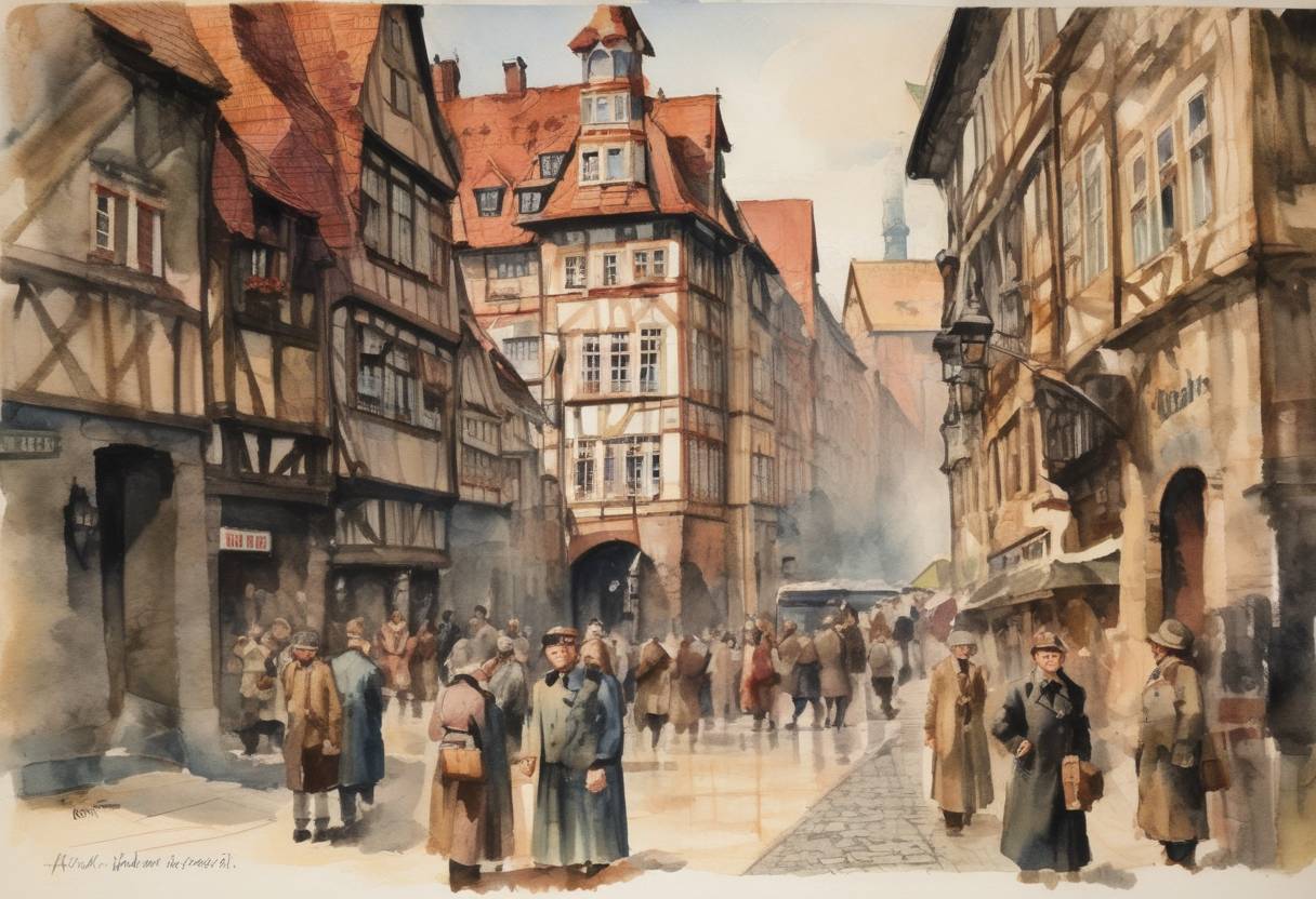 Watercolor painting based depiction of The Nuremberg Laws were enacted in Nazi Germany, institutionalizing racial discrimination against Jews and laying the groundwork for the Holocaust. (1935)