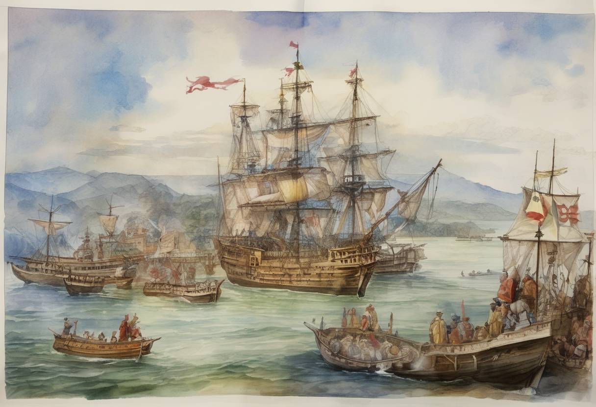 Watercolor painting based depiction of Spanish explorer Vasco Núñez de Balboa reached the Pacific Ocean, becoming the first European to see it from the New World, after crossing the Isthmus of Panama. (1513)