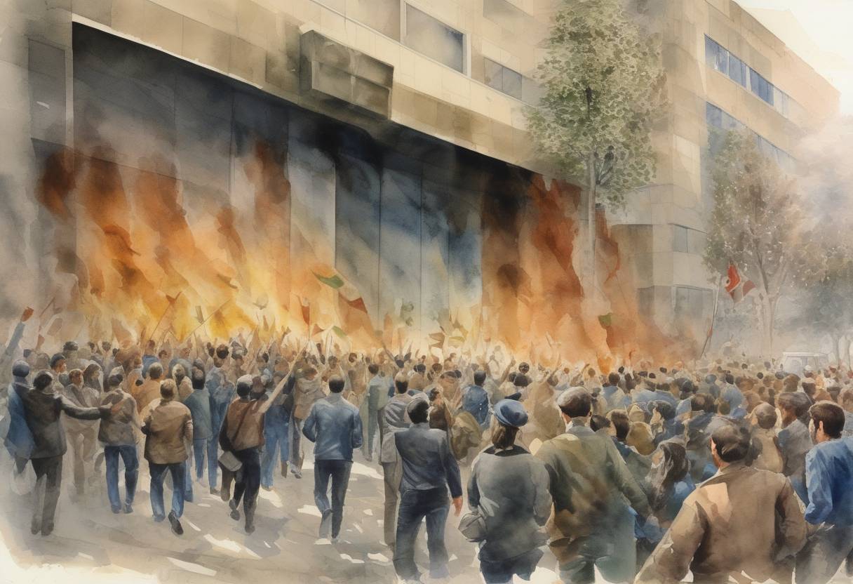 Watercolor painting based depiction of Iranian students storm the U.S. Embassy in Tehran, taking 52 American hostages, marking the beginning of the Iran Hostage Crisis. (1979)