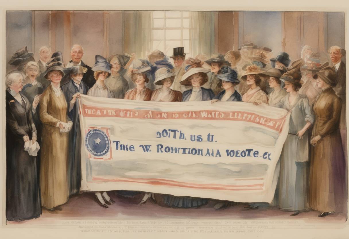 Watercolor painting based depiction of The 19th Amendment to the United States Constitution was certified, granting women the right to vote. (1920)