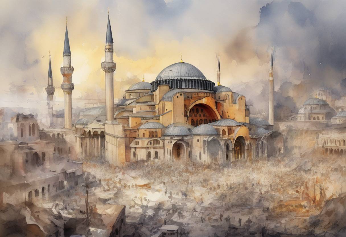 Watercolor painting based depiction of A major earthquake struck Constantinople, causing significant damage to the city, including the collapse of the dome of the Hagia Sophia. (557)