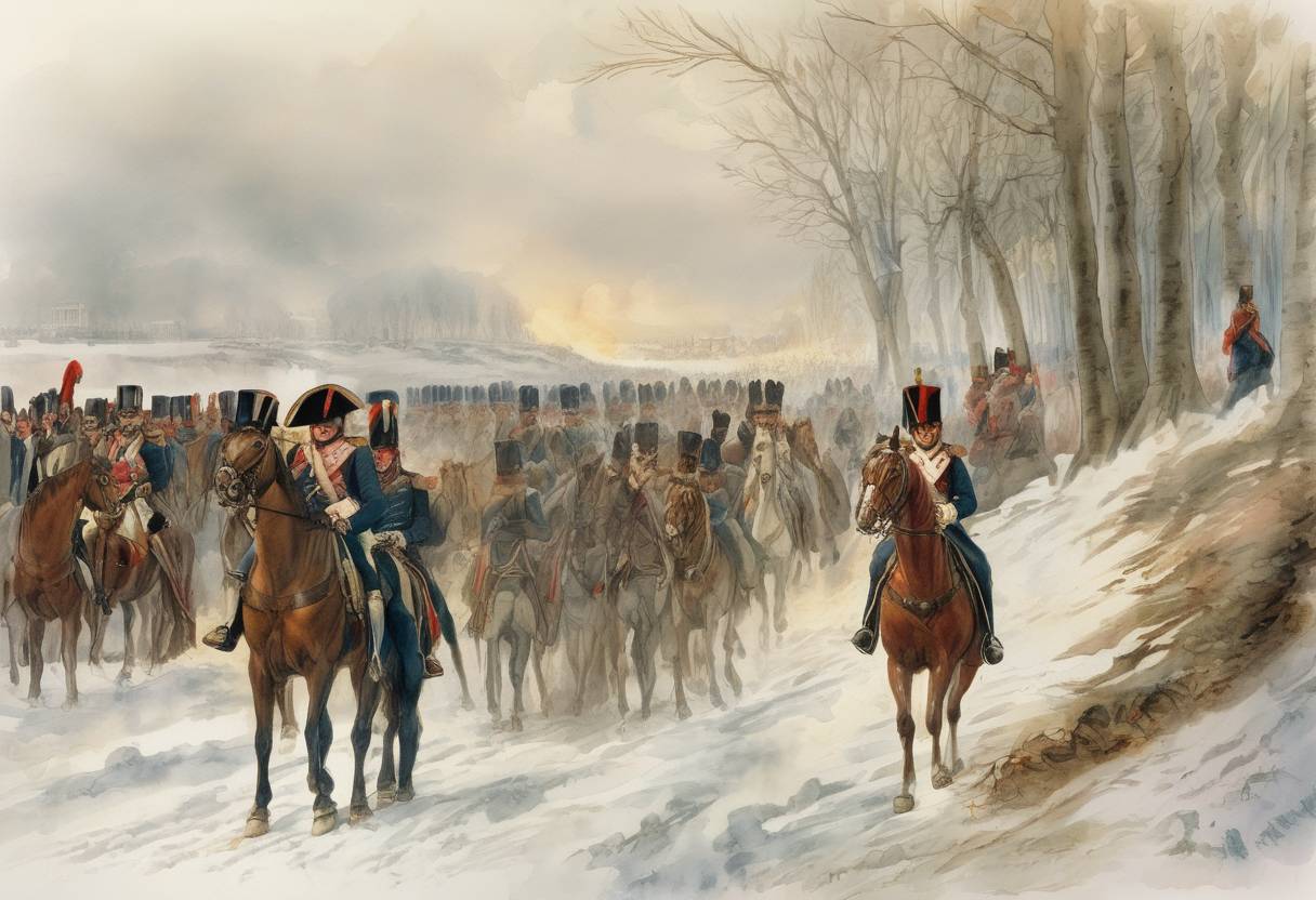 Watercolor painting based depiction of Napoleon Bonaparte begins his retreat from Moscow after a failed invasion of Russia, marking a turning point in the Napoleonic Wars. (1812)