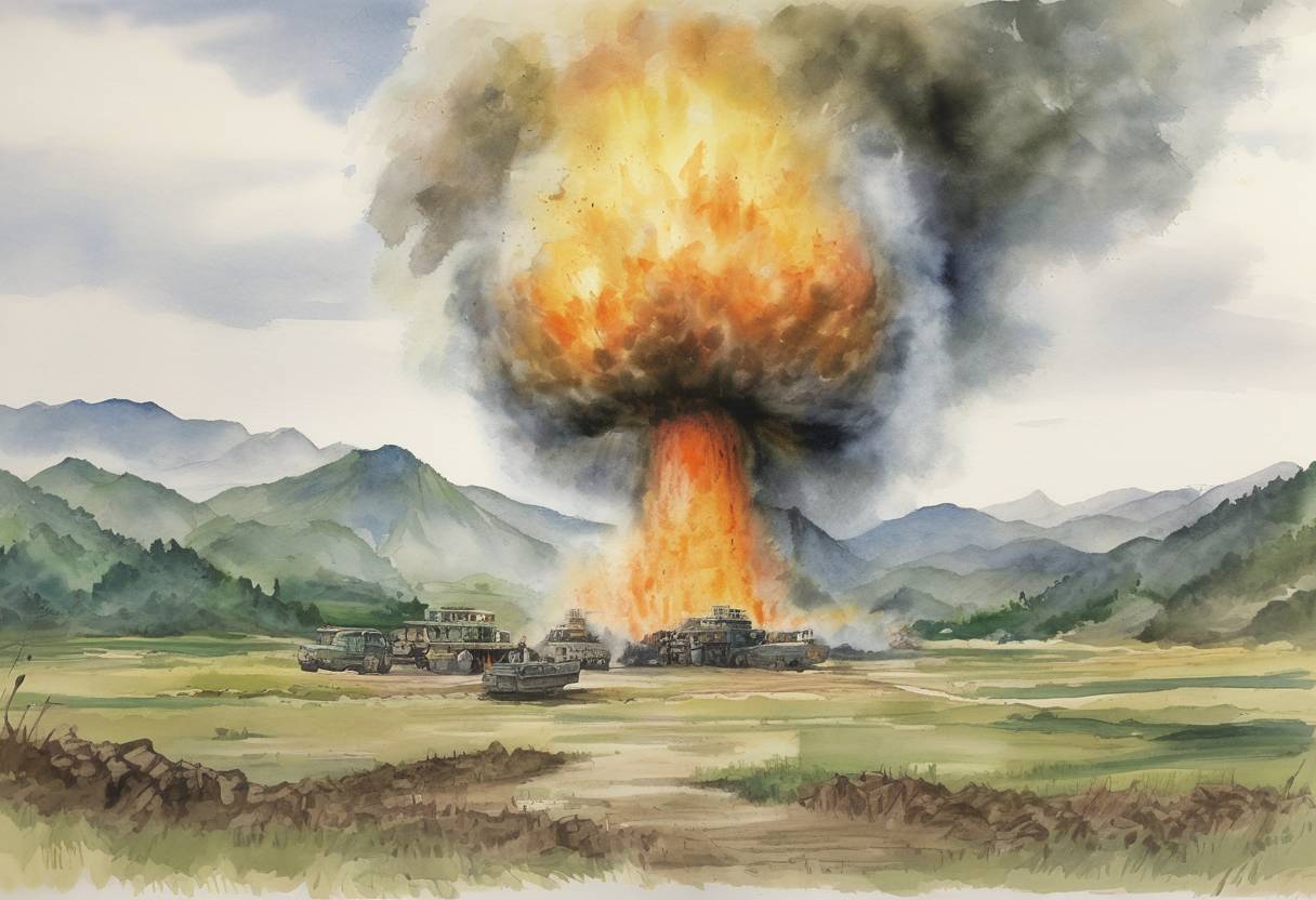 Watercolor painting based depiction of North Korea conducted its first nuclear test, an underground detonation that drew widespread international condemnation and led to increased tensions in the region. (2006)
