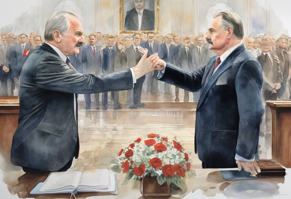 Watercolor painting based depiction of Lech Wałęsa is sworn in as the first democratically elected President of Poland since the 1920s, marking a significant moment in the country's transition from communism to democracy. (1990)