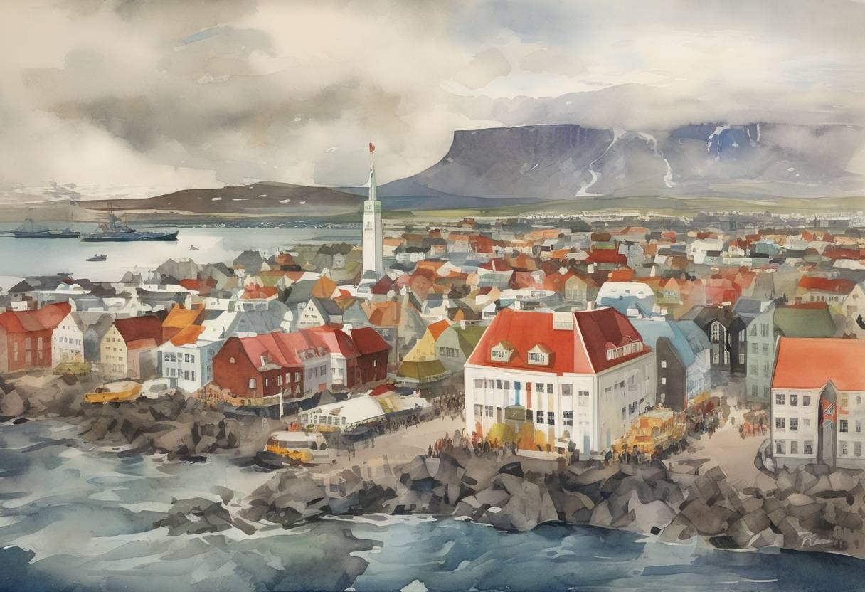 Watercolor painting based depiction of Iceland declares independence from Denmark and becomes a republic. (1944)