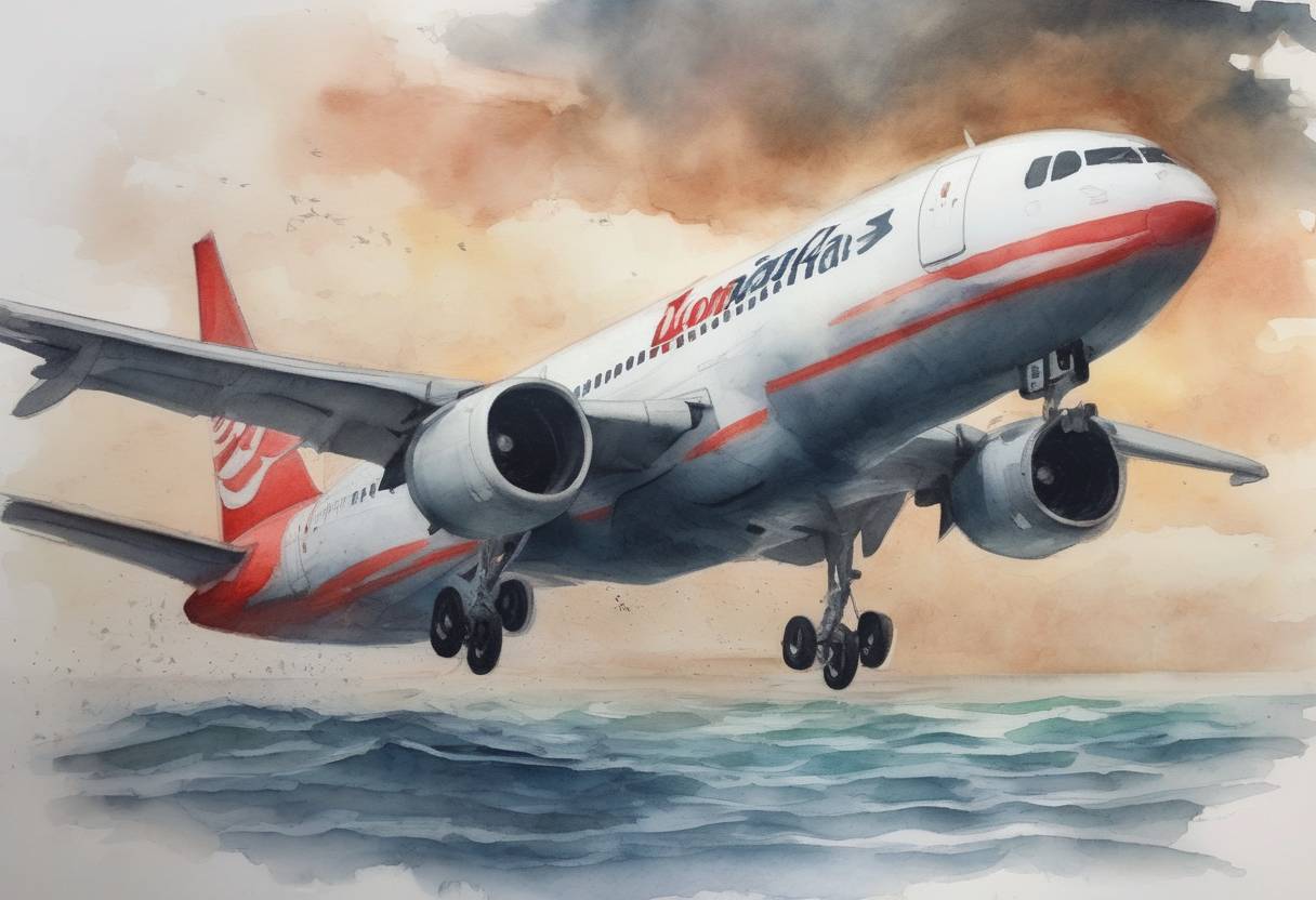 Watercolor painting based depiction of Lion Air Flight 610 crashed into the Java Sea shortly after takeoff from Jakarta, Indonesia, killing all 189 people on board. (2018)